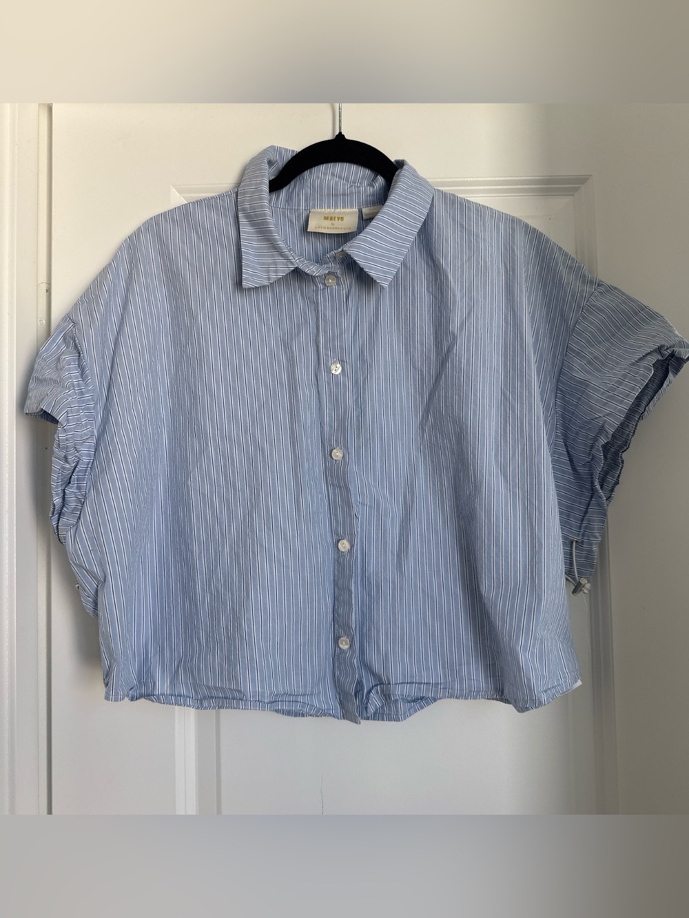 Anthropologie Maeve Top Shirt Blue Striped Cropped Button Up Blouse Women’s XL - Picture 5 of 10